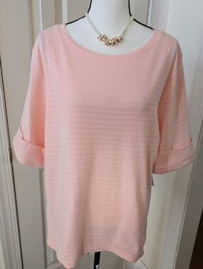 LIZ CLAIBORNE WOMEN'S PINK RIBBED PULLOVER TOP WITH SHORT CUFFED SLEEVES SIZE XL